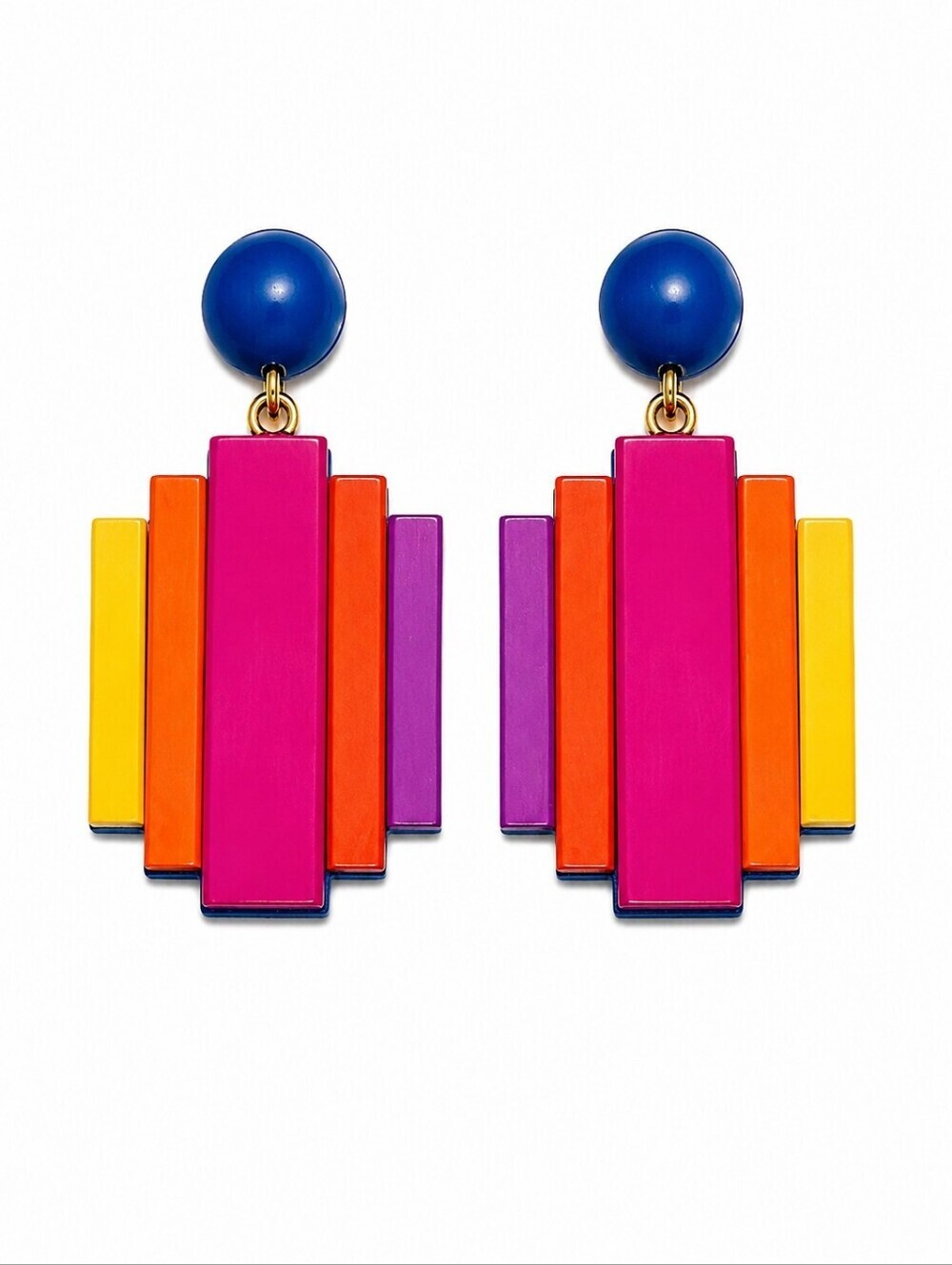Vtg 1980s Atomic Modernist Candy Pink Rainbow Wood Dangle Earrings